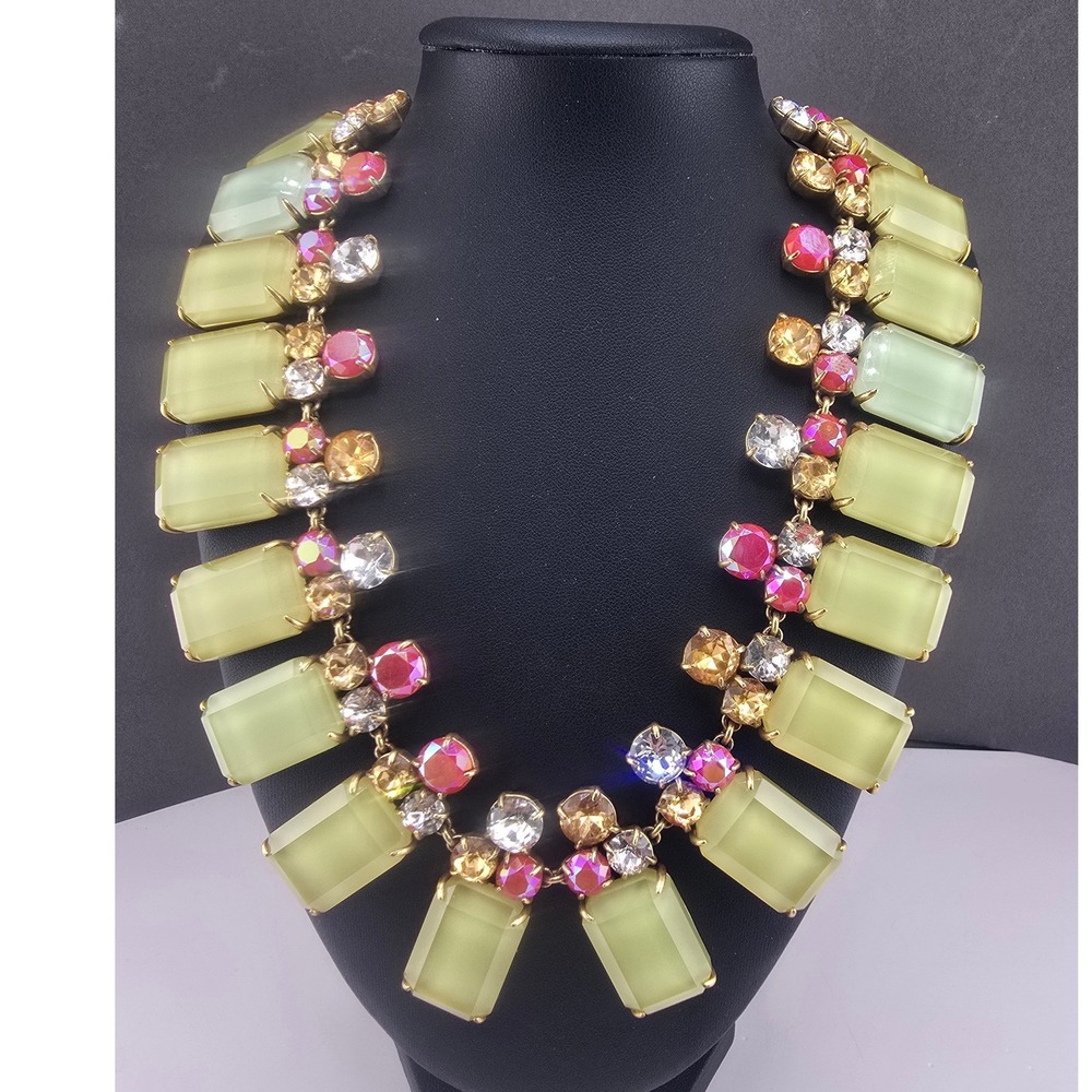 J. Crew Statement Necklace Green Pink Yellow Crystal Gold Tone Chunky Bib 17in